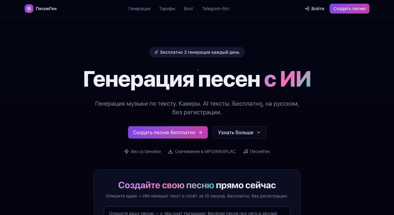 Главная страница ПеснеГен — ИИ для создания музыки