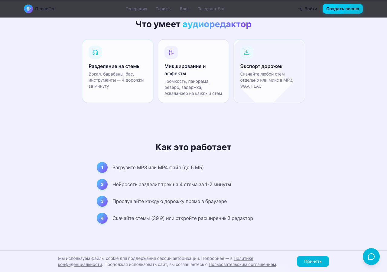 Разделение песни на 4 дорожки — вокал, барабаны, бас, инструменты